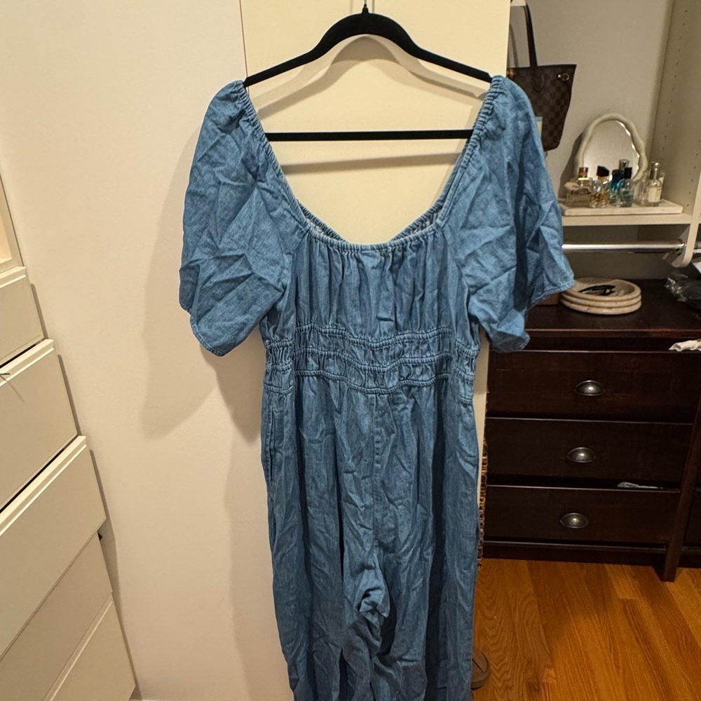 Denim Waist Defined Puff Sleeve Jumpsuit - Picture 3 of 6